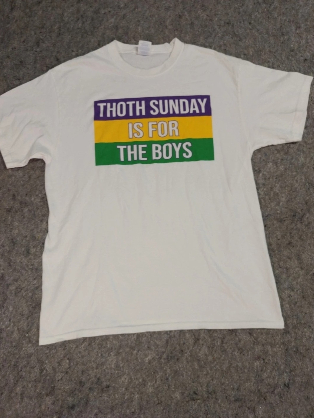 Port and Company White Graphic Tee with Purple, Yellow, and Green Print